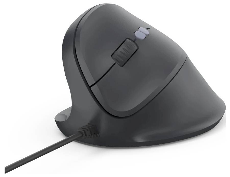 Ergonomická vertikální myš s elegantním tmavým designem, vybavená bočními tlačítky a texturovaným kolečkem pro scrollování, připojená kabelem.