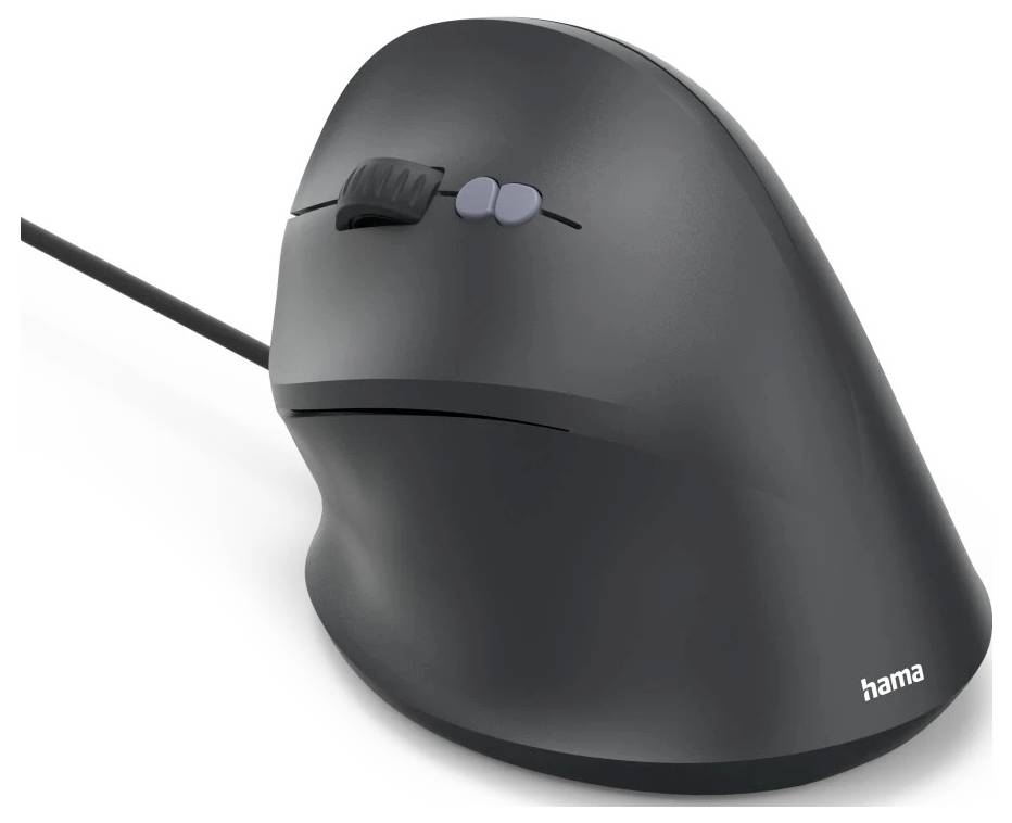 Ergonomická vertikální černá počítačová myš s boční rolovací kolečko a tlačítky, navržená pro pohodlnou polohu ruky.