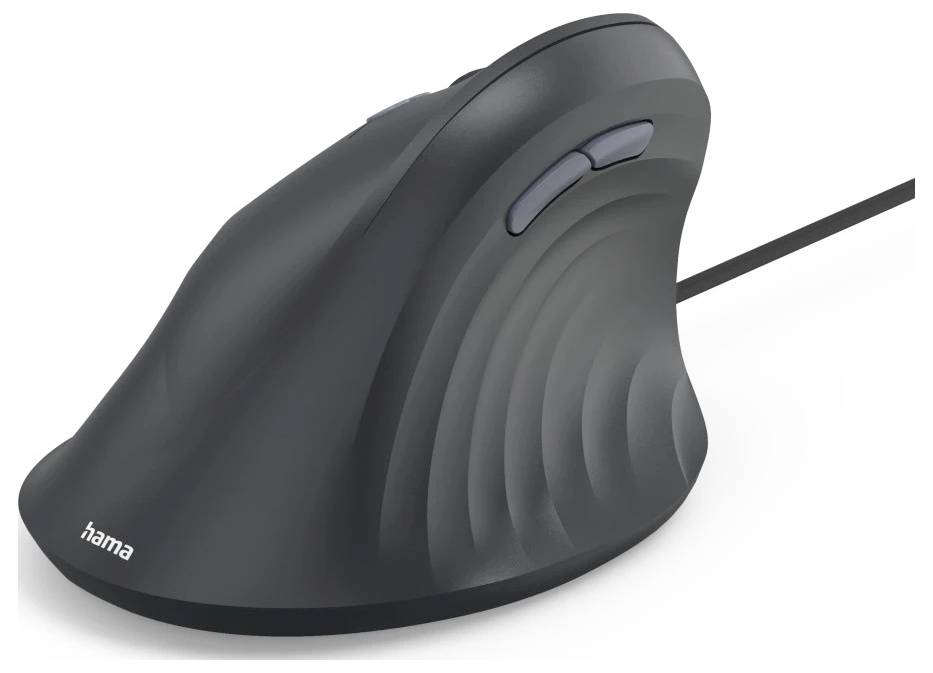 Ergonomická vertikální černá počítačová myš s texturovaným úchopem a kabelem. Navržena pro snížení namáhání zápěstí a zvýšení pohodlí.