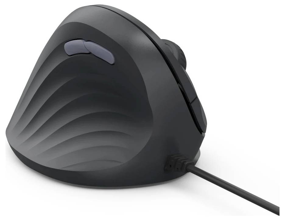 Ergonomická vertikální myš s jedinečným designem pro pohodlí zápěstí, vybavená dvěma hlavními tlačítky a rolovacím kolečkem, připojená pomocí USB kabelu.