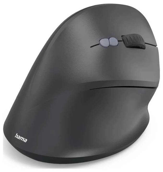 Ergonomická černá bezdrátová myš s vertikálním designem, vybavená rolovacím kolečkem a dvěma postranními tlačítky. Vhodná pro zlepšení polohy ruky.