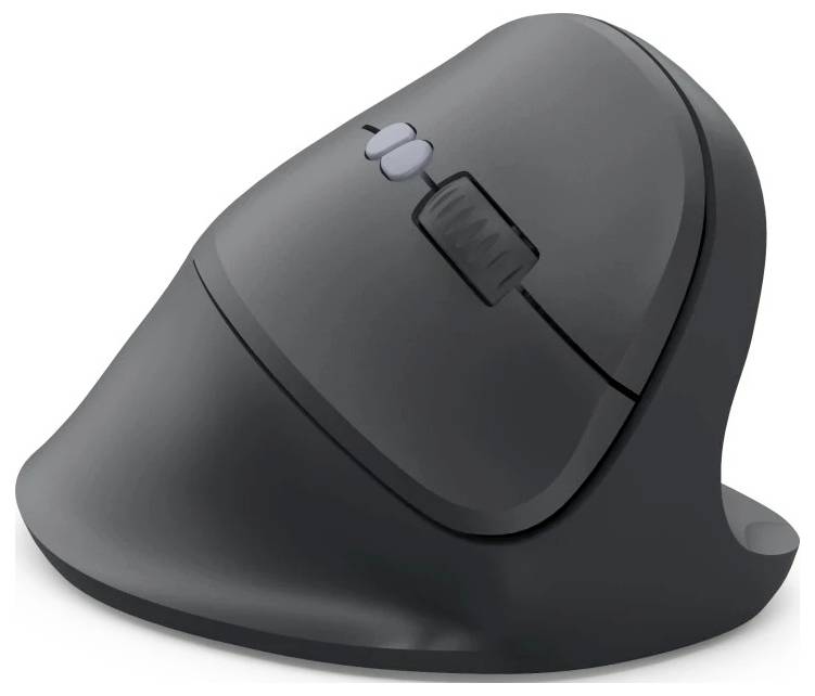 Vertikální ergonomická myš v černé barvě s kolečkem pro posun a dvěma postranními tlačítky, navržená ke snížení namáhání zápěstí díky podpoře přirozeného umístění ruky.
