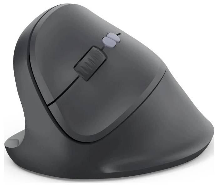 Černá ergonomická vertikální počítačová myš s zakřiveným designem a opěrkou pro palec, navržená ke snížení namáhání zápěstí.