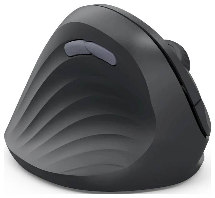 Černá vertikální ergonomická myš s texturovaným designem, vybavená kolečkem pro posun a opěrkou pro palec pro pohodlné uchopení.