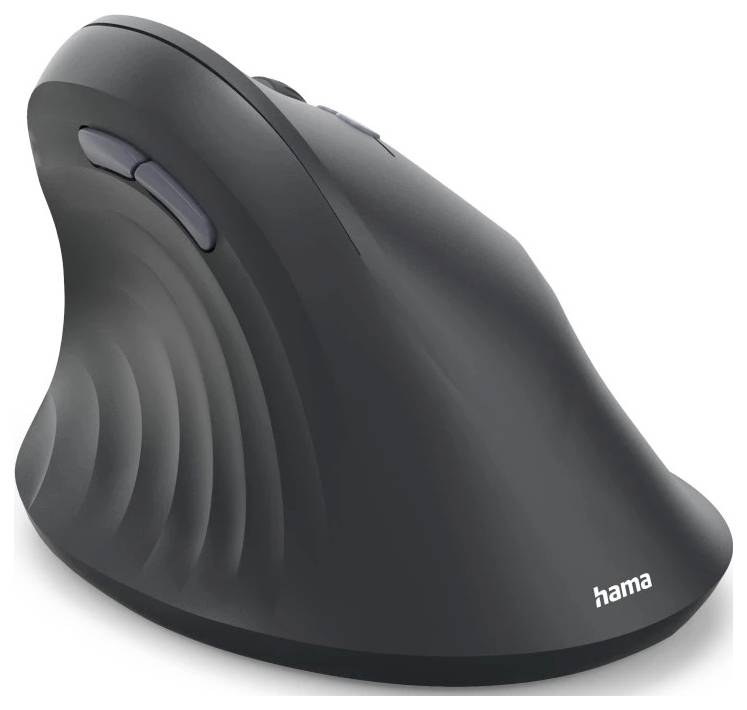 Ergonomická černá vertikální počítačová myš s vertikálním designem pro snížení namáhání zápěstí, s bočními tlačítky a logem 'hama'.