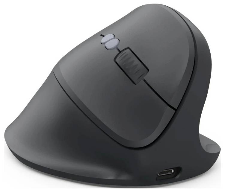Vertikální ergonomická myš v černém designu s bočním posuvným kolečkem a nabíjecím portem USB-C.