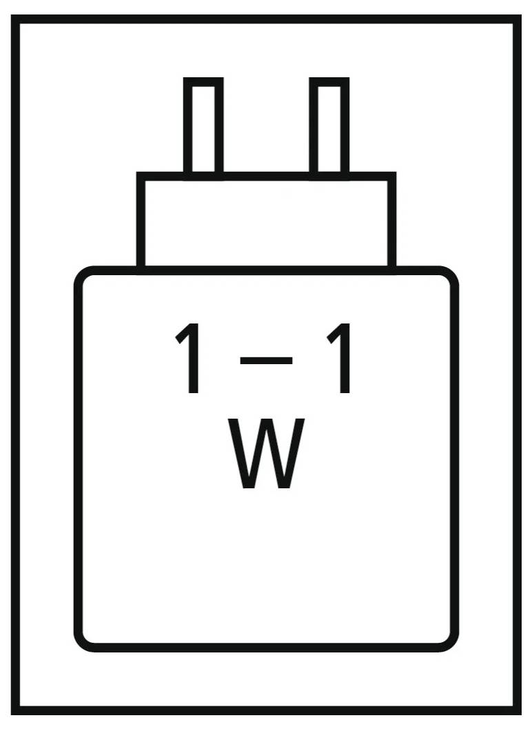 „symbol adaptéru AC se dvěma kolíky a textem „1 – 1 W" označující detaily napájení"