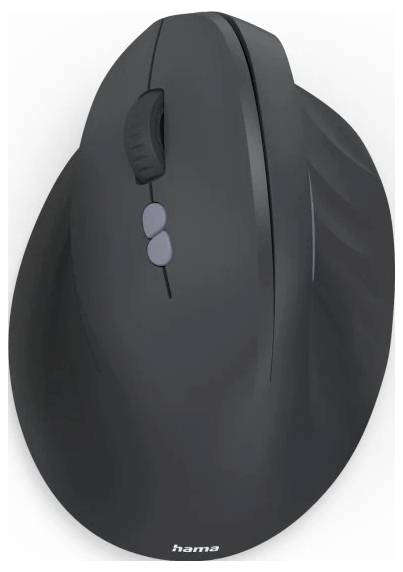 Černá ergonomická vertikální počítačová myš se dvěma postranními tlačítky a kolečkem. Na základně je viditelný název značky 'hama'.