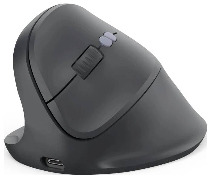 Ergonomická vertikální počítačová myš s elegantním, zakřiveným designem a nabíjecím portem USB-C. Vhodná pro snížení namáhání zápěstí.