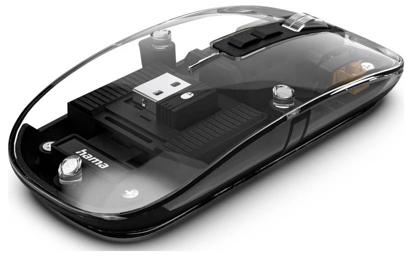 Průhledná počítačová myš odhalující vnitřní komponenty, jako jsou deska plošných spojů a USB přijímač, s průhledným kolečkem pro scroll a tlačítky.