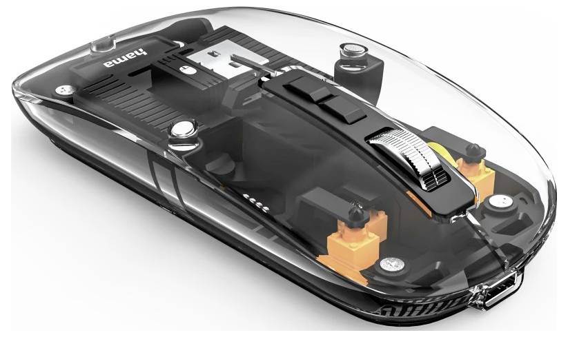 Průhledná počítačová myš ukazující vnitřní komponenty, včetně tlačítek, kolečka a elektrické desky, zvýrazňující její design.