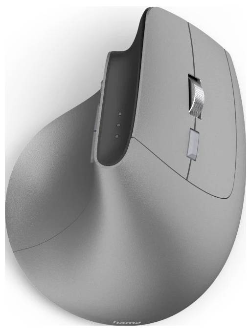 Ergonomická šedá vertikální počítačová myš s kolečkem pro posun, dvěma tlačítky a opěrkou pro palec, navržená pro pohodlné umístění ruky.