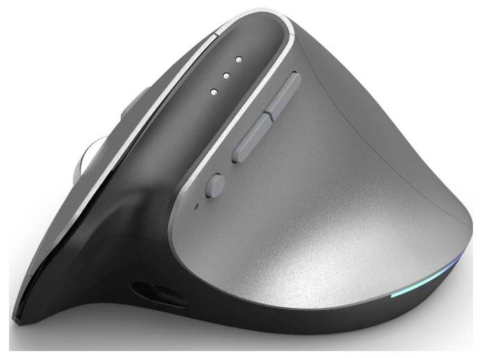 Vertikální ergonomická počítačová myš s postranními tlačítky a LED indikátorem. Navržena pro snížení namáhání zápěstí. Šedo-černé barevné provedení.