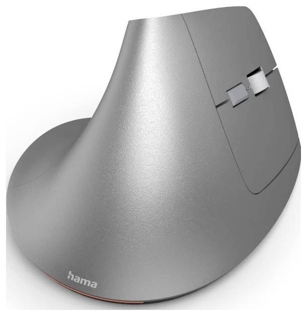 Stříbrná ergonomická vertikální myš s opěrkou palce a kolečkem pro posun, navržená pro snížení namáhání zápěstí. Viditelný název značky „hama".