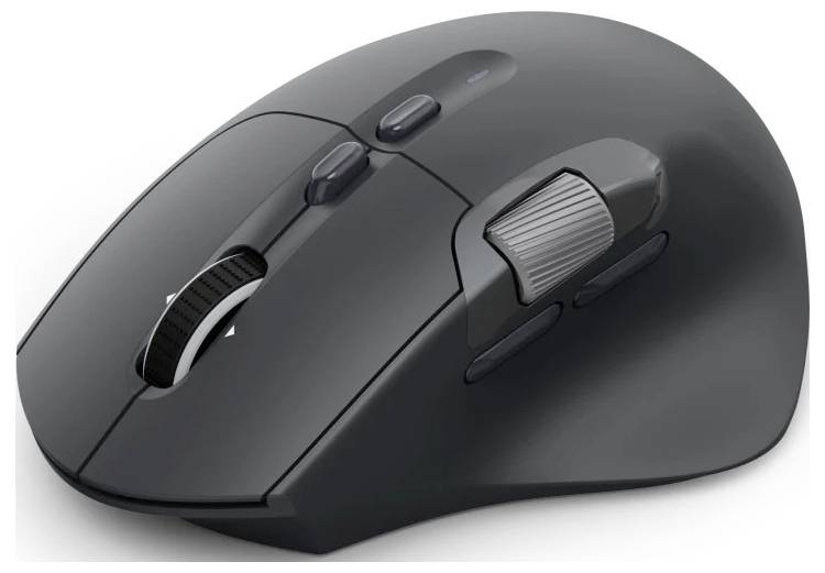 Ergonomický bezdrátový počítačový myš s několika tlačítky a kolečkem pro posun, navržený pro pohodlné a efektivní používání počítače.