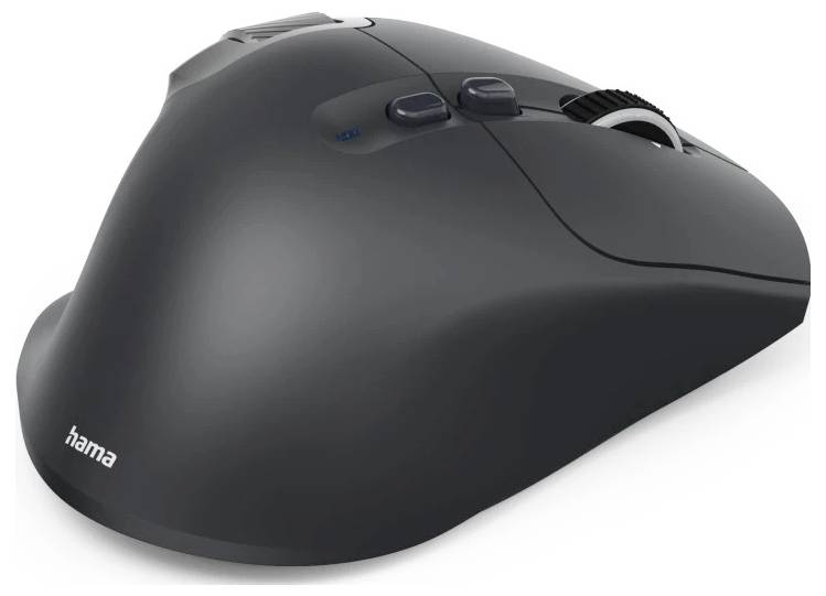 Ergonomická bezdrátová myš v černé barvě s postranními tlačítky a kolečkem pro posun, navržená pro pohodlné uchopení a přesnou navigaci.