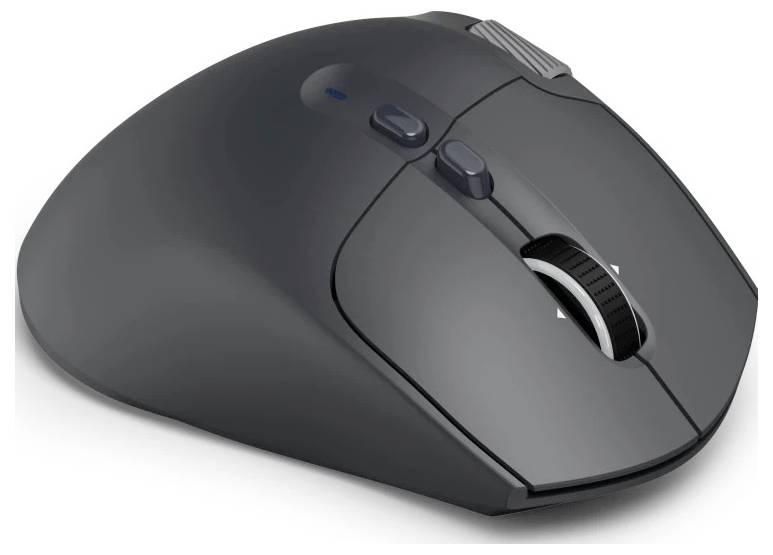 Černá bezdrátová počítačová myš se dvěma hlavními tlačítky, rolovacím kolečkem a dalšími postranními tlačítky, navržená pro ergonomické použití.