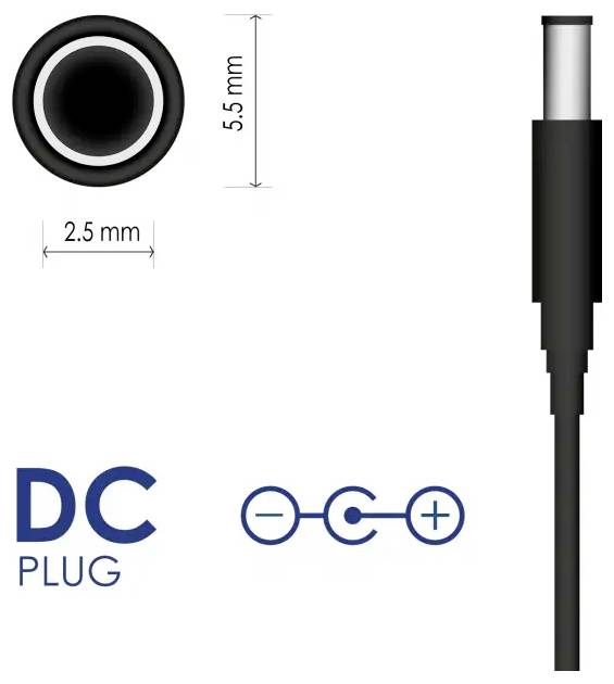Diagram DC konektoru znázorňující konektor s vnějšími rozměry 5,5 mm a vnitřními rozměry 2,5 mm, označený polaritními symboly znázorňujícími kladné a záporné svorky.