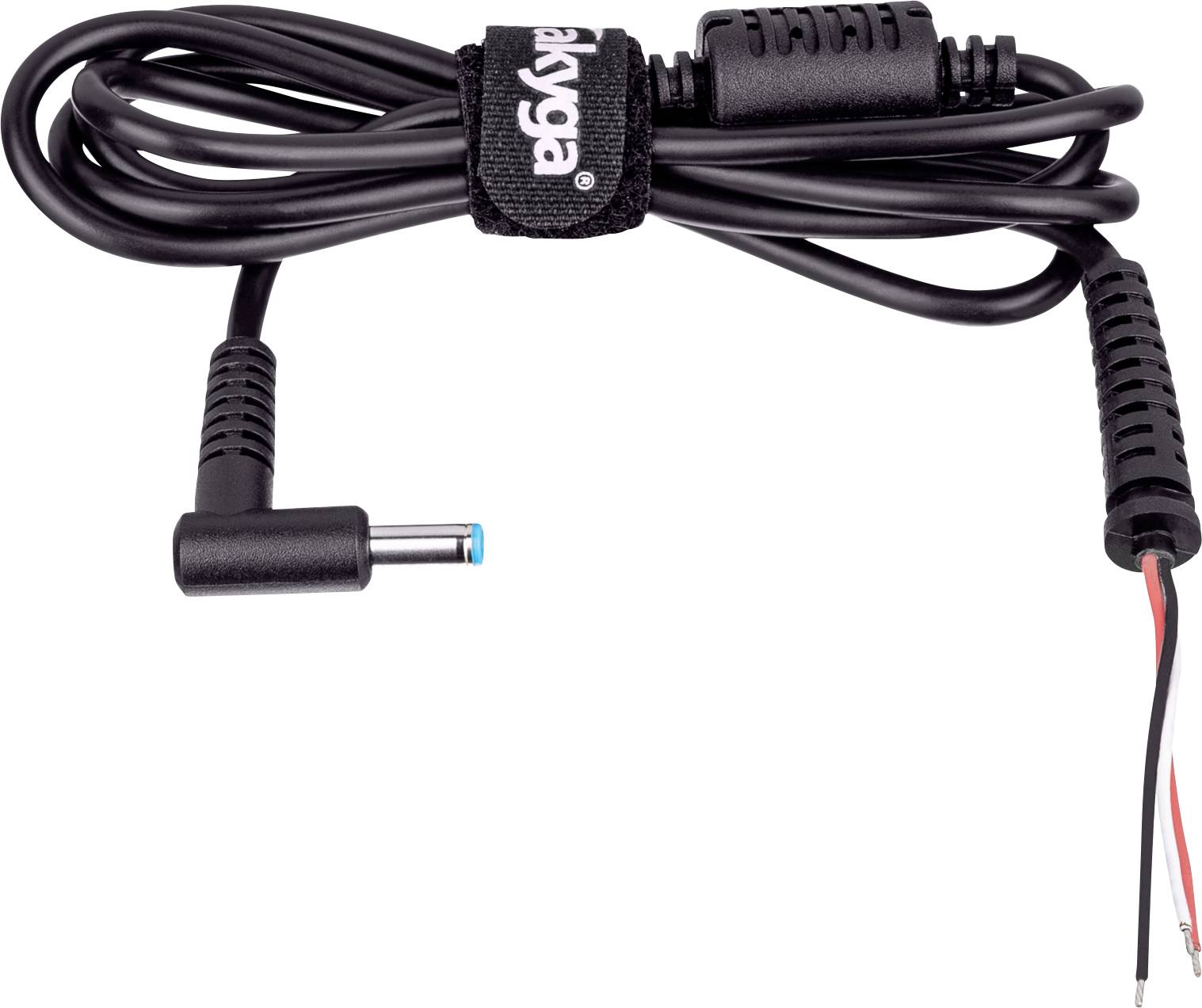 Černý napájecí kabel k laptopu s konektorem v pravém úhlu a odhalenými červenými a černými vodiči na konci, určený pro připojení napájení.