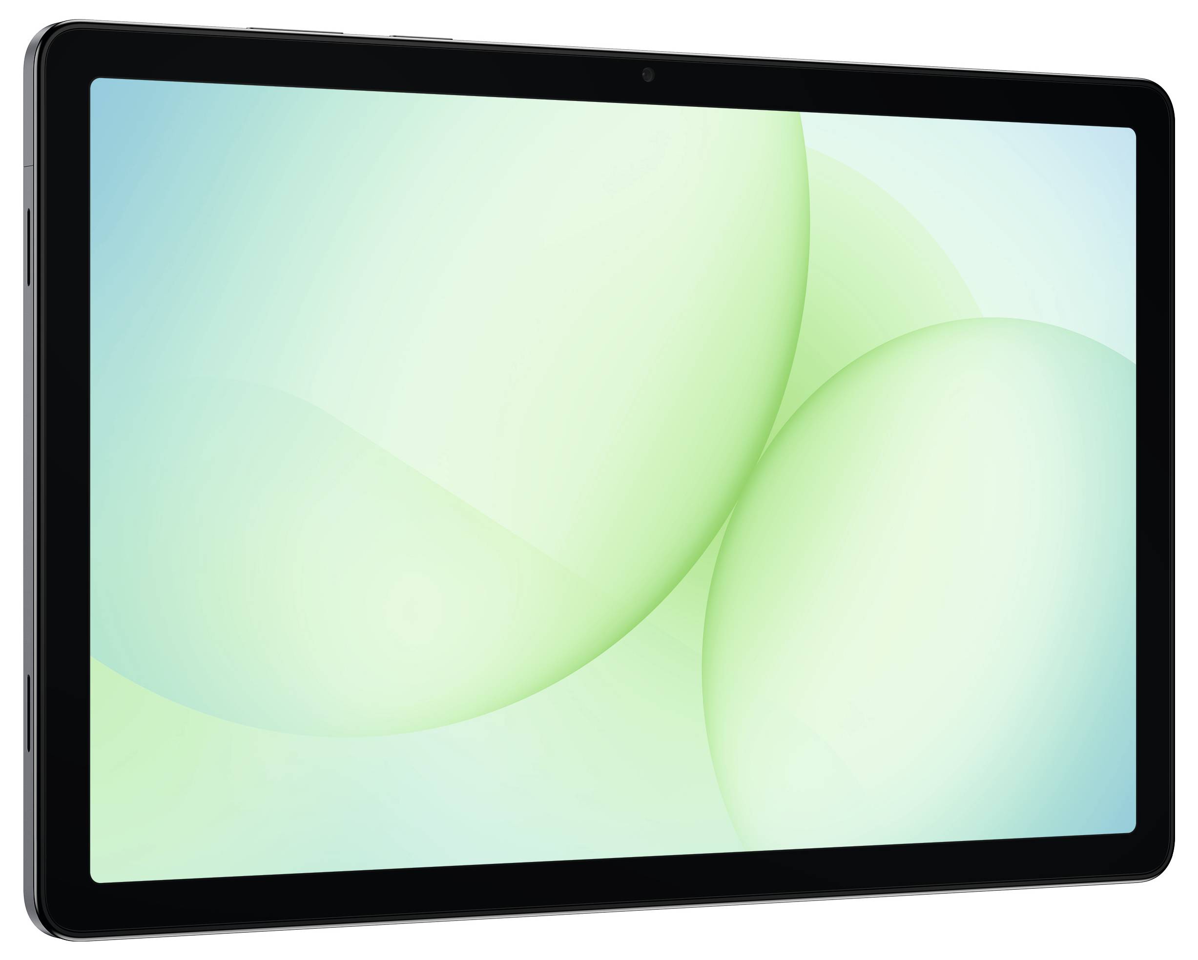 Tablet zobrazující zelenou abstraktní grafiku na displeji, s překrývajícími se kruhy a gradientním efektem.
