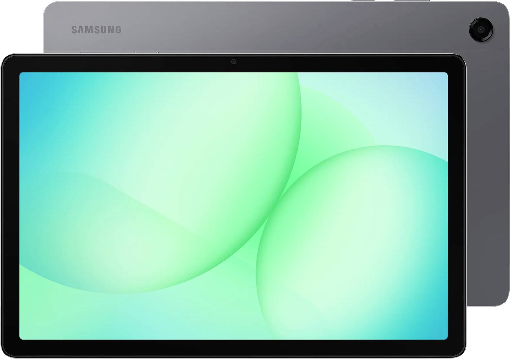 Tablet Samsung s jasnou zelenou abstraktní tapetou, zobrazující pohled zepředu i zezadu.
