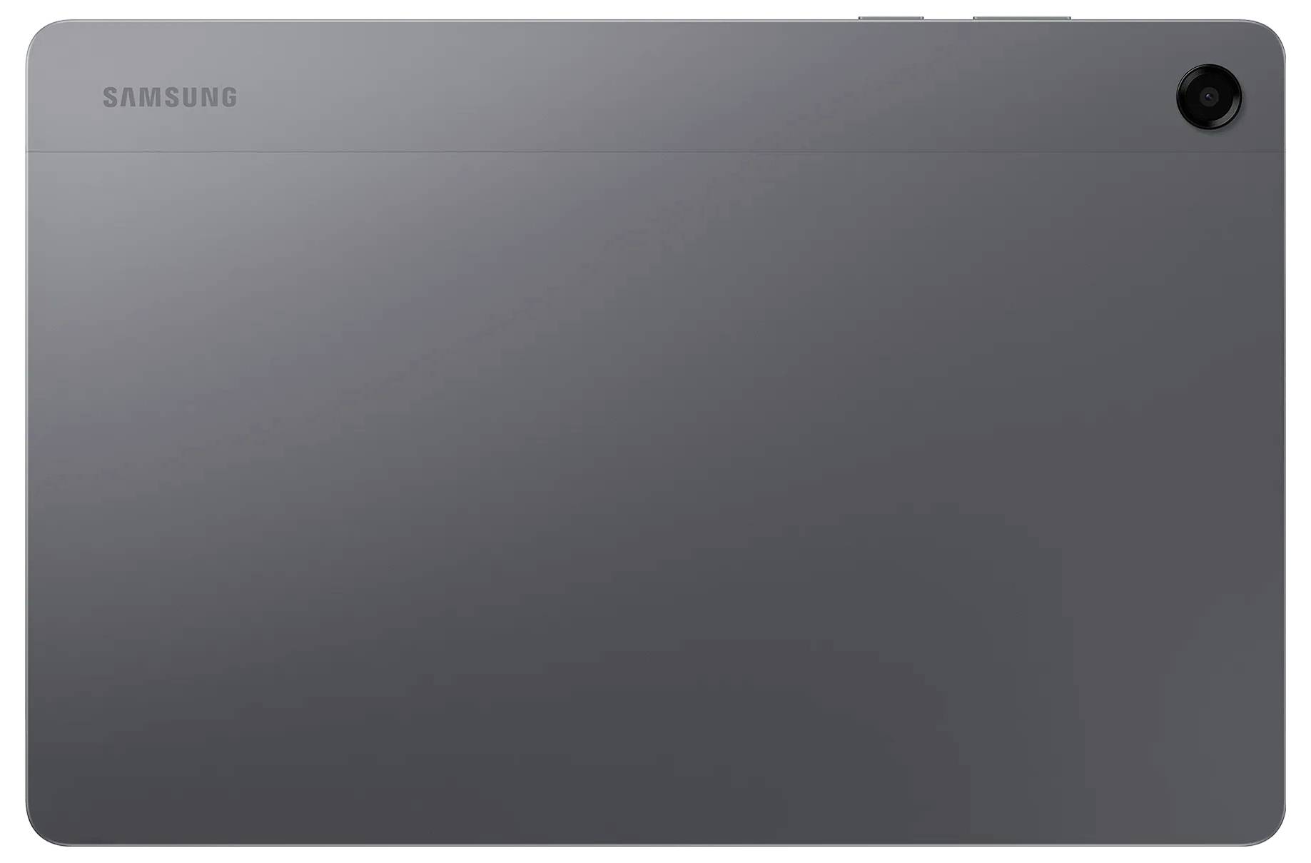 Elegantní šedý tablet Samsung, pohled zezadu, s objektivem fotoaparátu v pravém horním rohu.