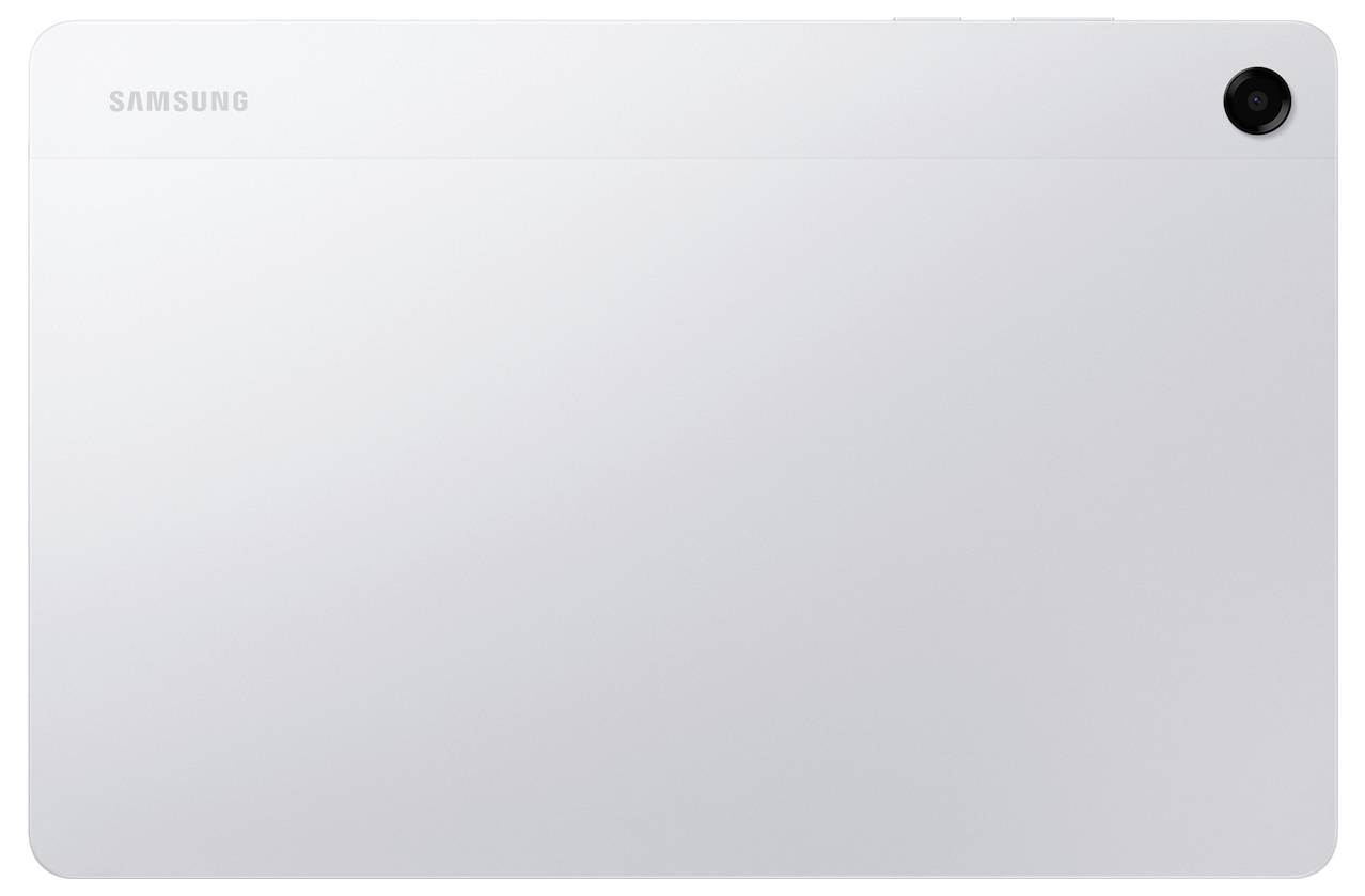 Samsung tablet, pohled zezadu, s jedinou zadní kamerou v pravém horním rohu a minimalistickým designem.