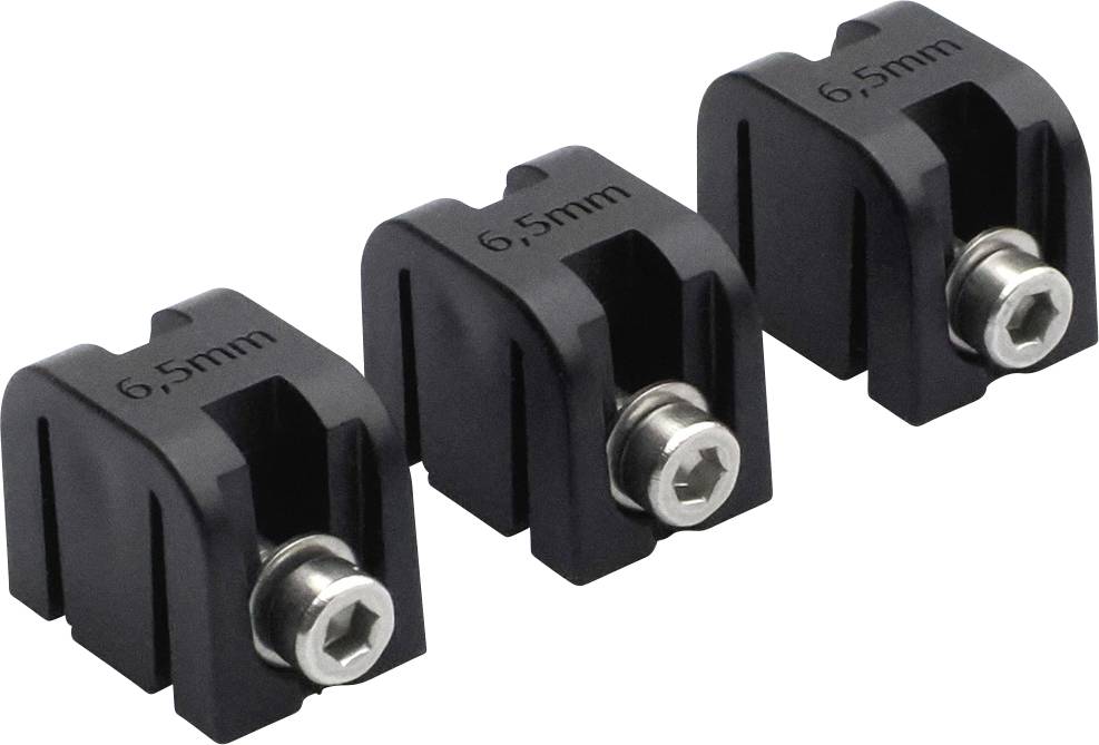 Tři černé plastové konzole, každá označená '6,5 mm', s kovovými šestihrannými šrouby, umístěné vedle sebe. Používané pro připevnění nebo upevnění.