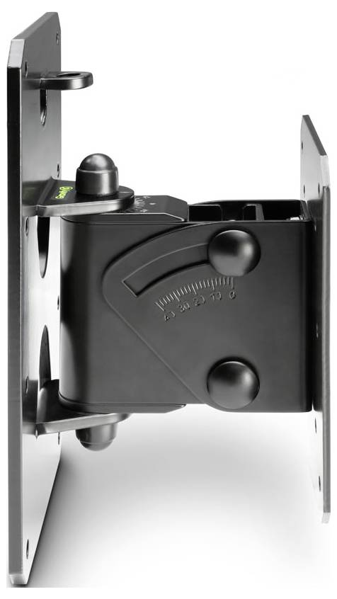 Černý nástěnný držák monitoru s nastavitelným náklonem, zobrazující dvě montážní desky propojené centrálním kloubovým mechanismem.