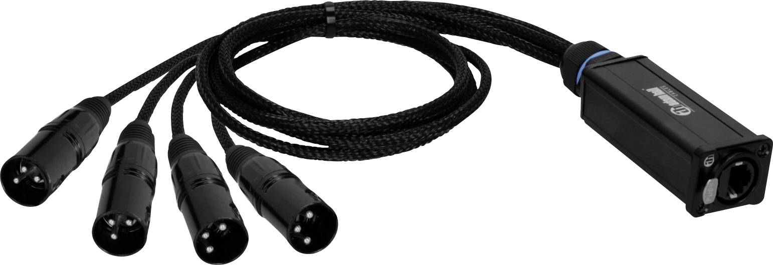 Černý rozdělovací audio kabel se větví z jedné obdélníkové zástrčky do čtyř menších konektorů, který se běžně používá pro profesionální audiotechniku.
