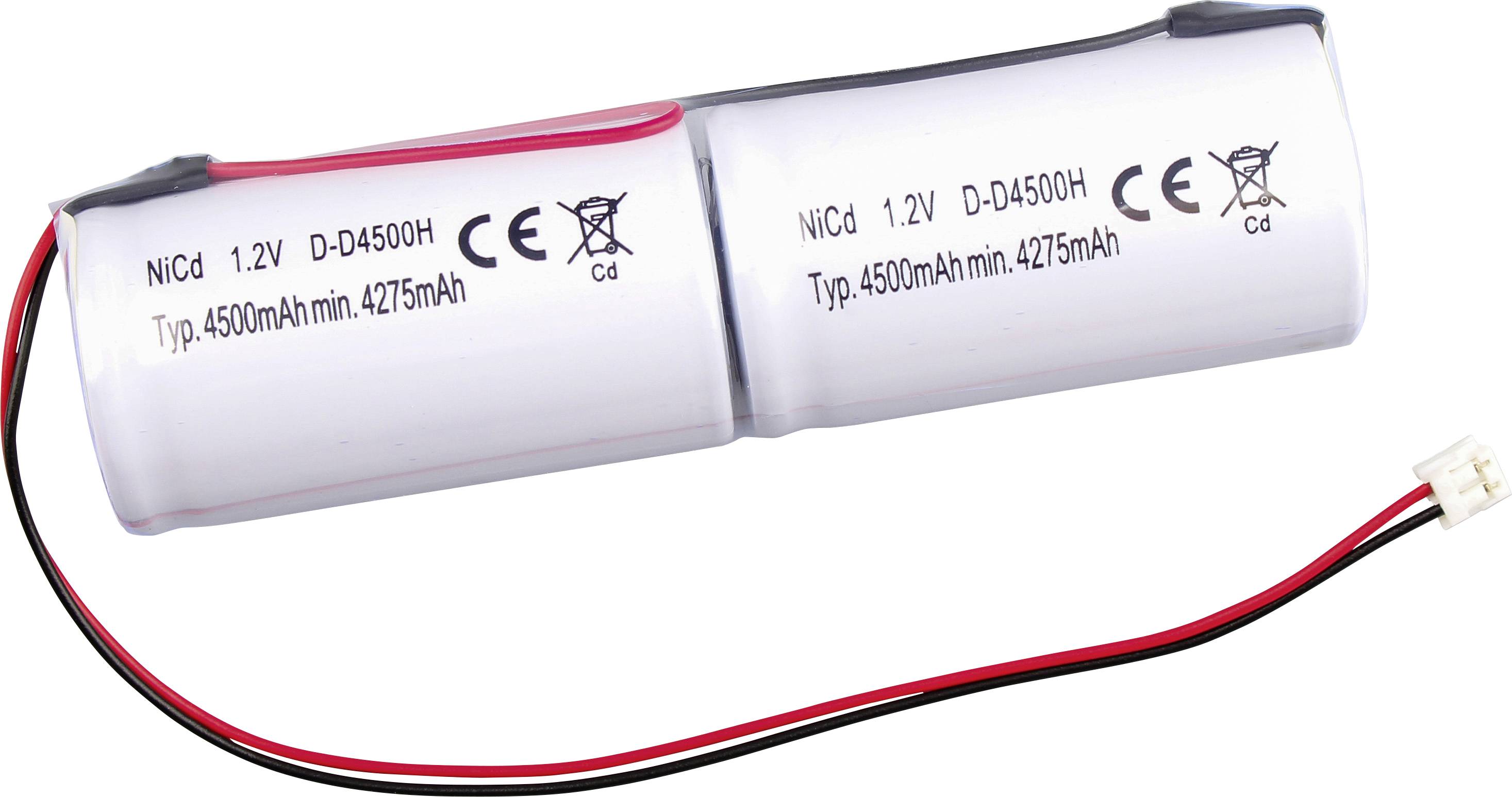 Dvě propojené bílé baterie NiCd s červeným a černým vodičem, označené „1,2V D-4500H" a „4500mAh".