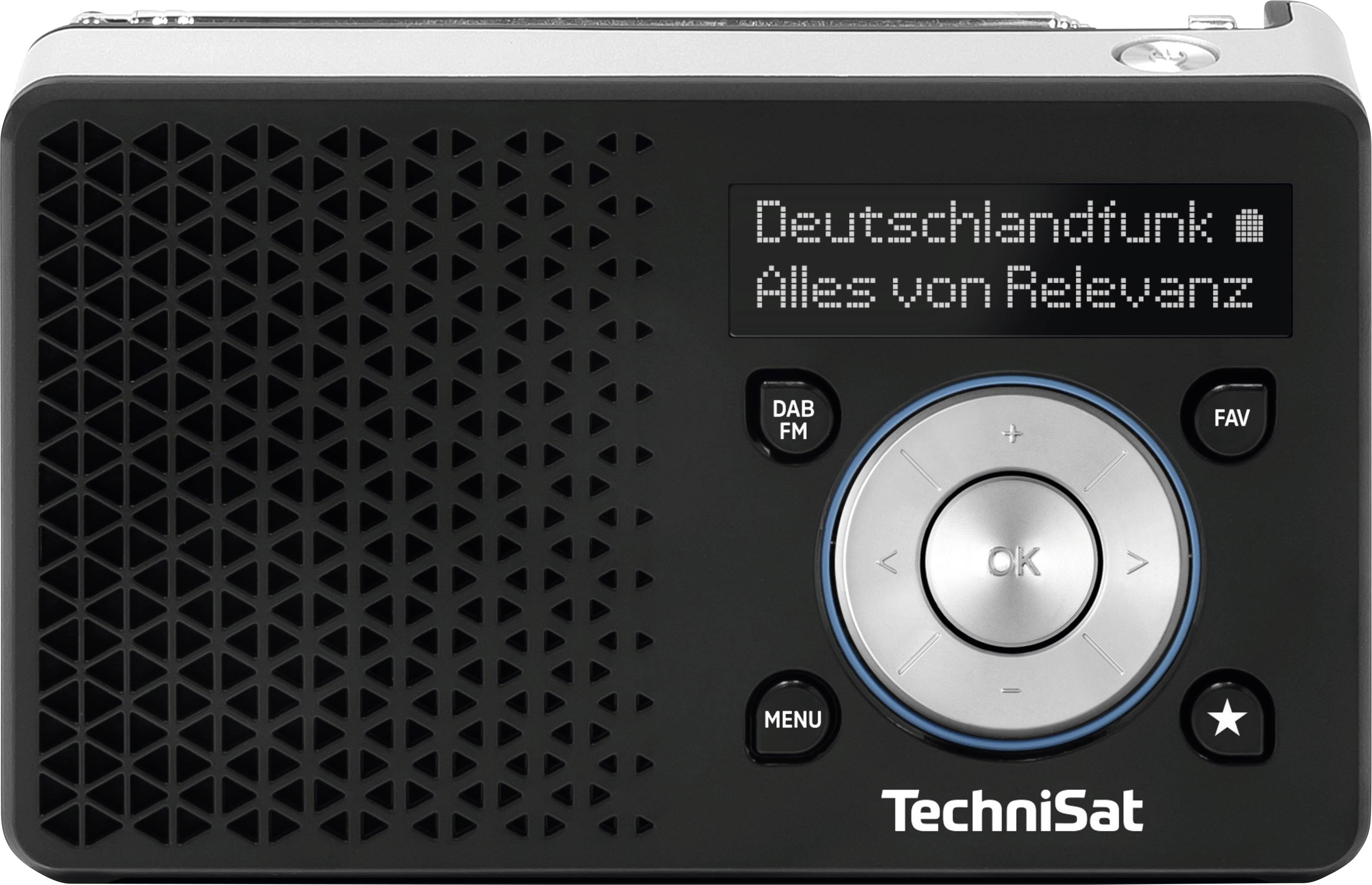 Kompaktní digitální rádio s displejem zobrazujícím 'Deutschlandfunk - Alles von Relevanz', vybavené tlačítky a centrálním ovládacím kolečkem.