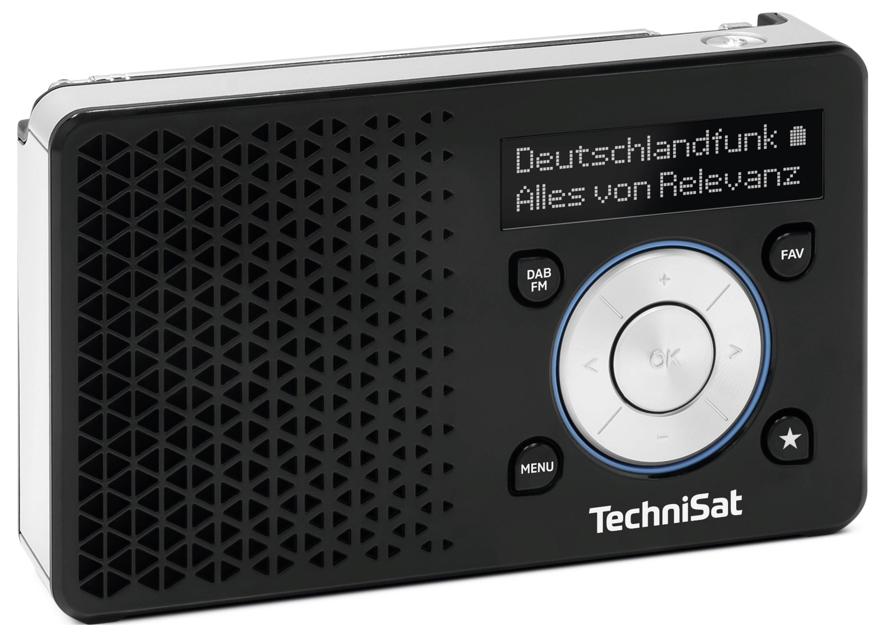 Černé přenosné digitální rádio zobrazující na displeji 'Deutschlandfunk' a 'Vše podstatné', s ovládacími tlačítky pod displejem.