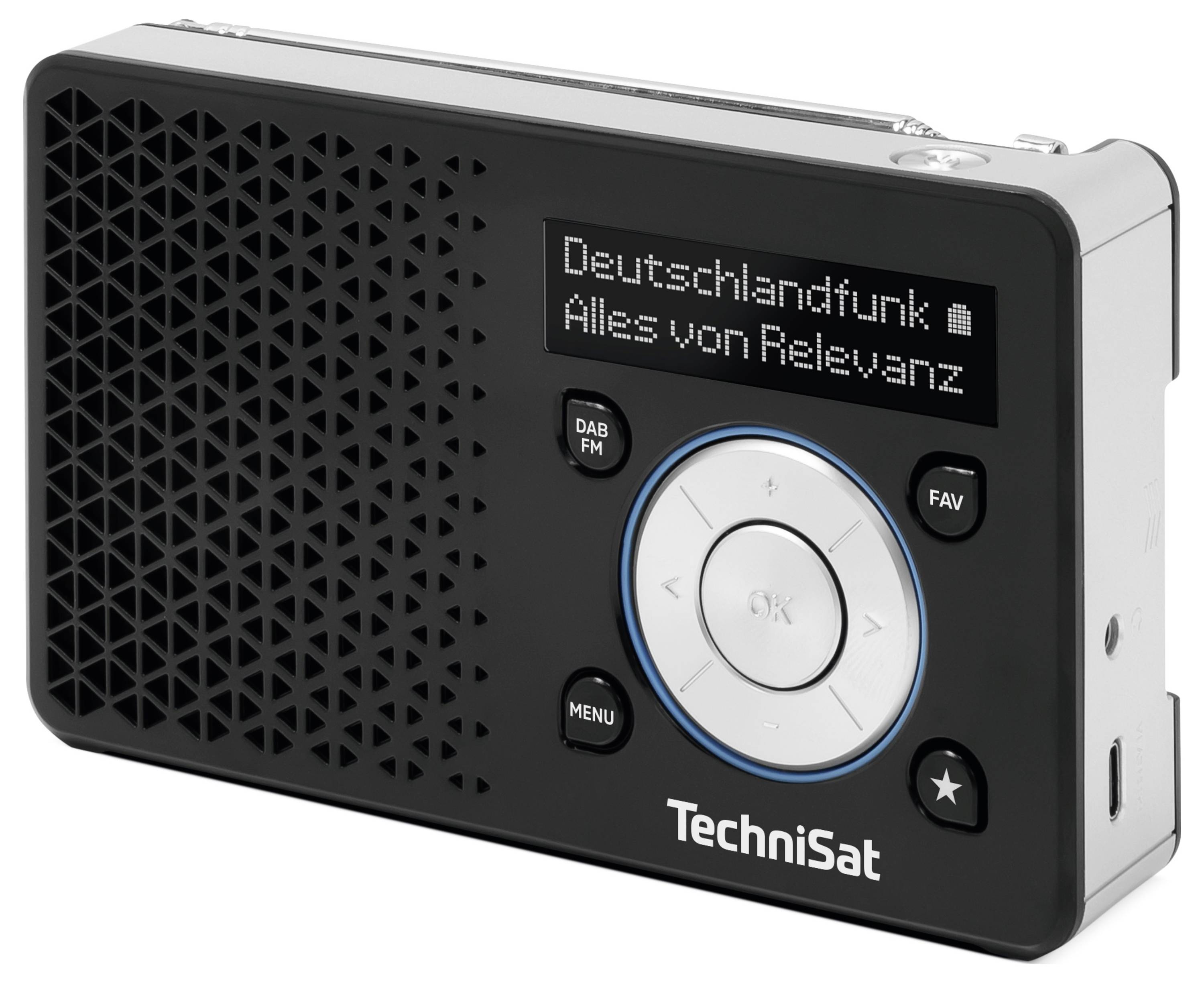 Přenosné digitální rádio s reproduktorovou mřížkou na levé straně, jehož displej zobrazuje nápis 'Deutschlandfunk Alles von Relevanz'.