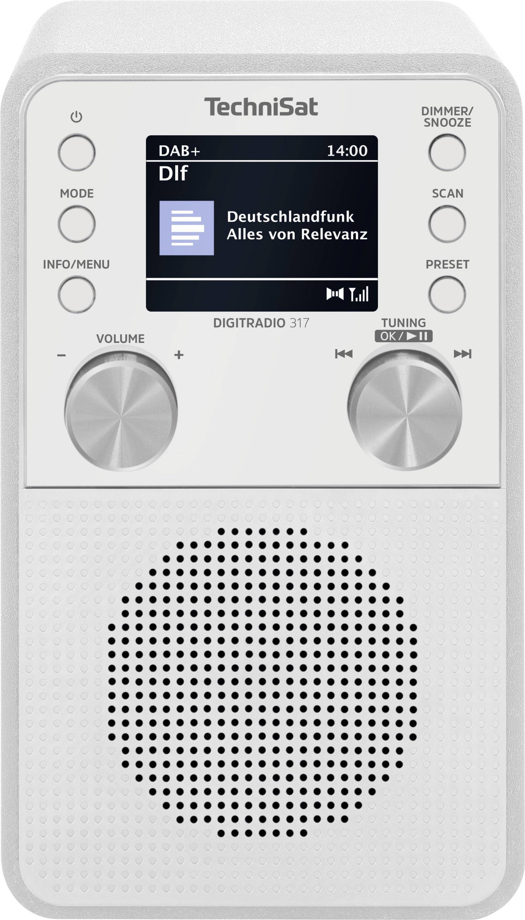 Digitální rádio s displejem zobrazujícím 'Deutschlandfunk Alles von Relevanz', ovládacími knoflíky hlasitosti a ladění, tlačítky režimu a předvoleb a reproduktorem.