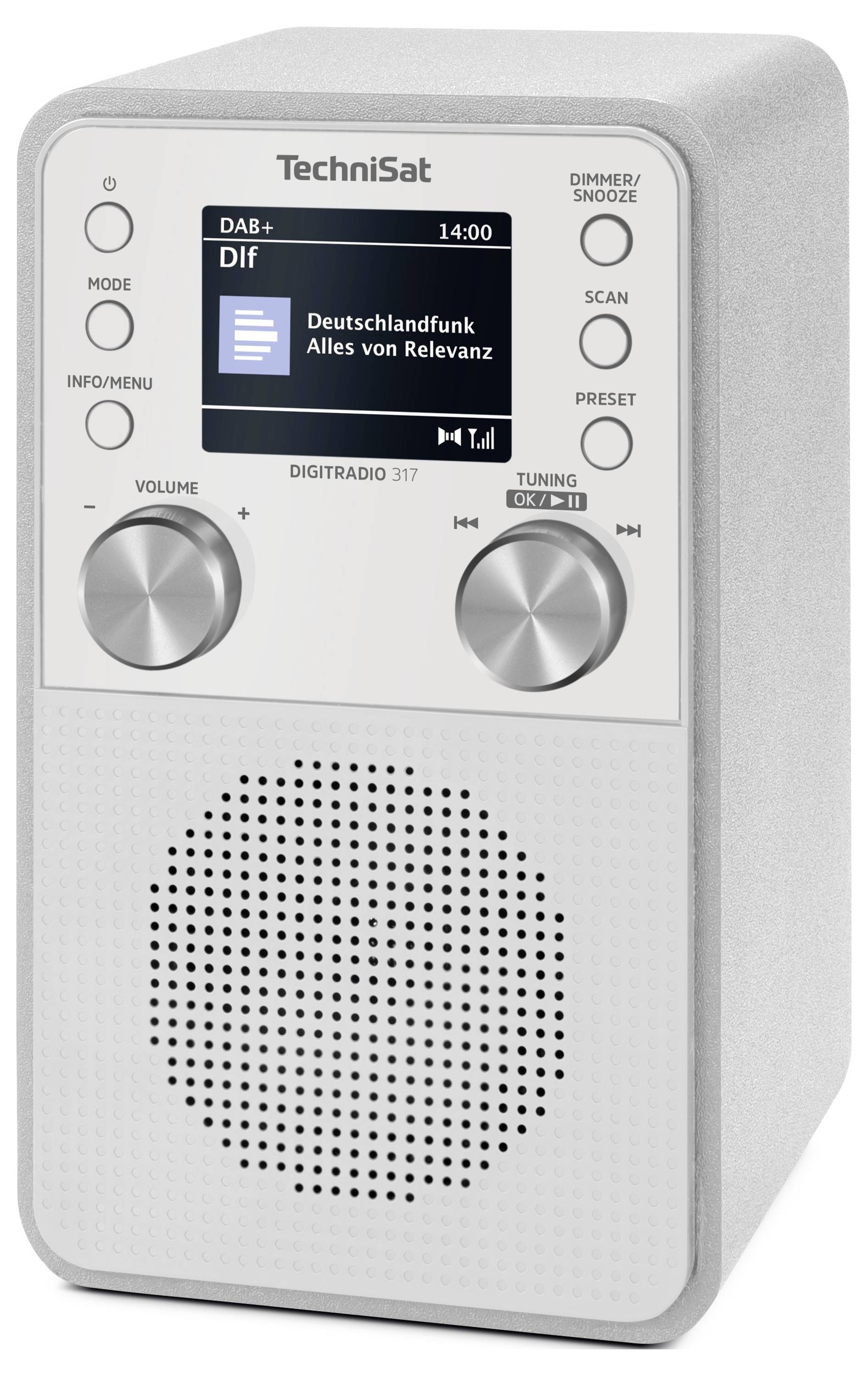 Digitální rádio zobrazující obrazovku s nápisem 'Deutschlandfunk Alles von Relevanz', zobrazující režim, informace a ovládací tlačítka se dvěma voliči.