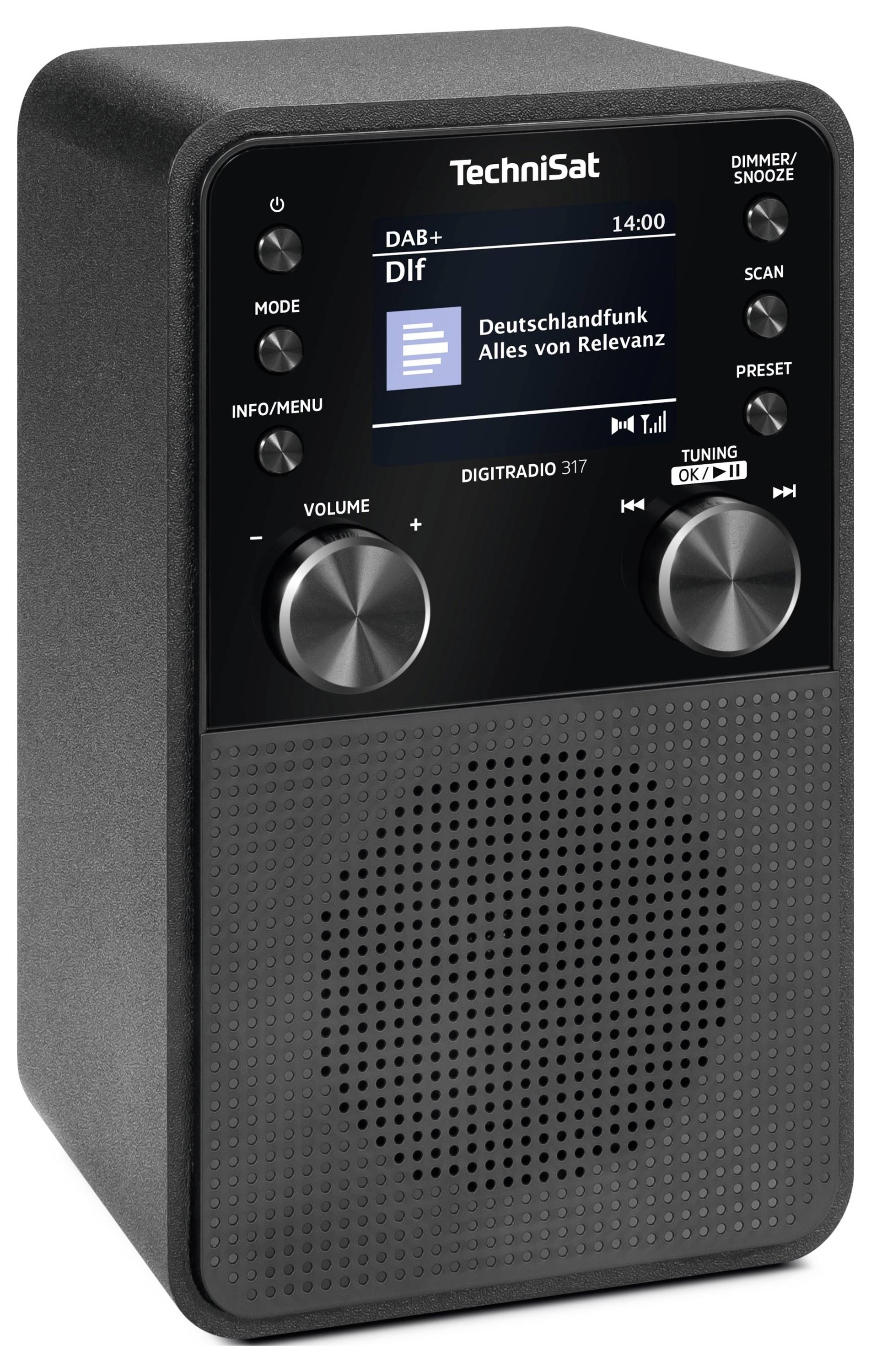 Digitální rádio s displejem zobrazujícím 'Deutschlandfunk Alles von Relevanz', s ovládacími knoflíky pro hlasitost a ladění a s označenými tlačítky.