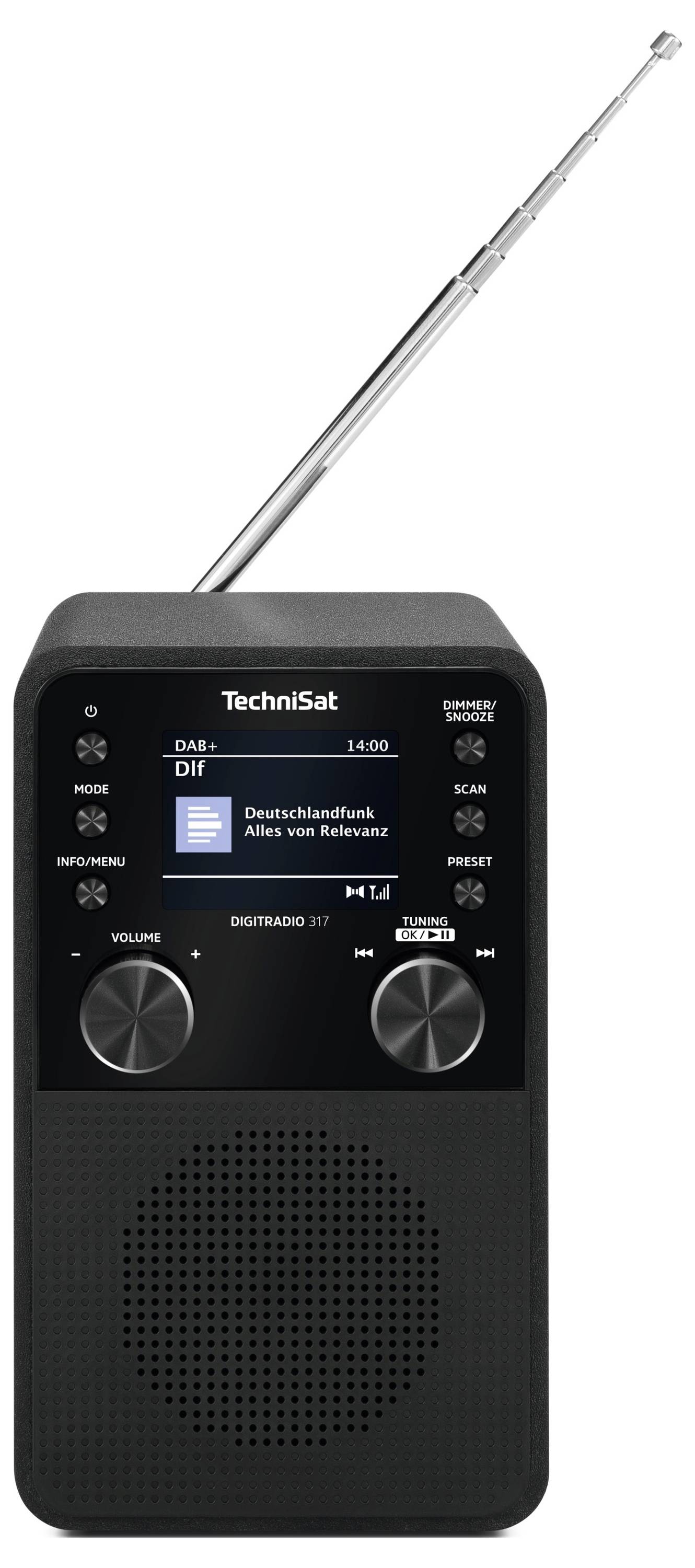 Přenosné digitální rádio s anténou, zobrazující nápis 'TechniSat' na displeji, se dvěma ovládacími knoflíky a reproduktorem umístěným dole.