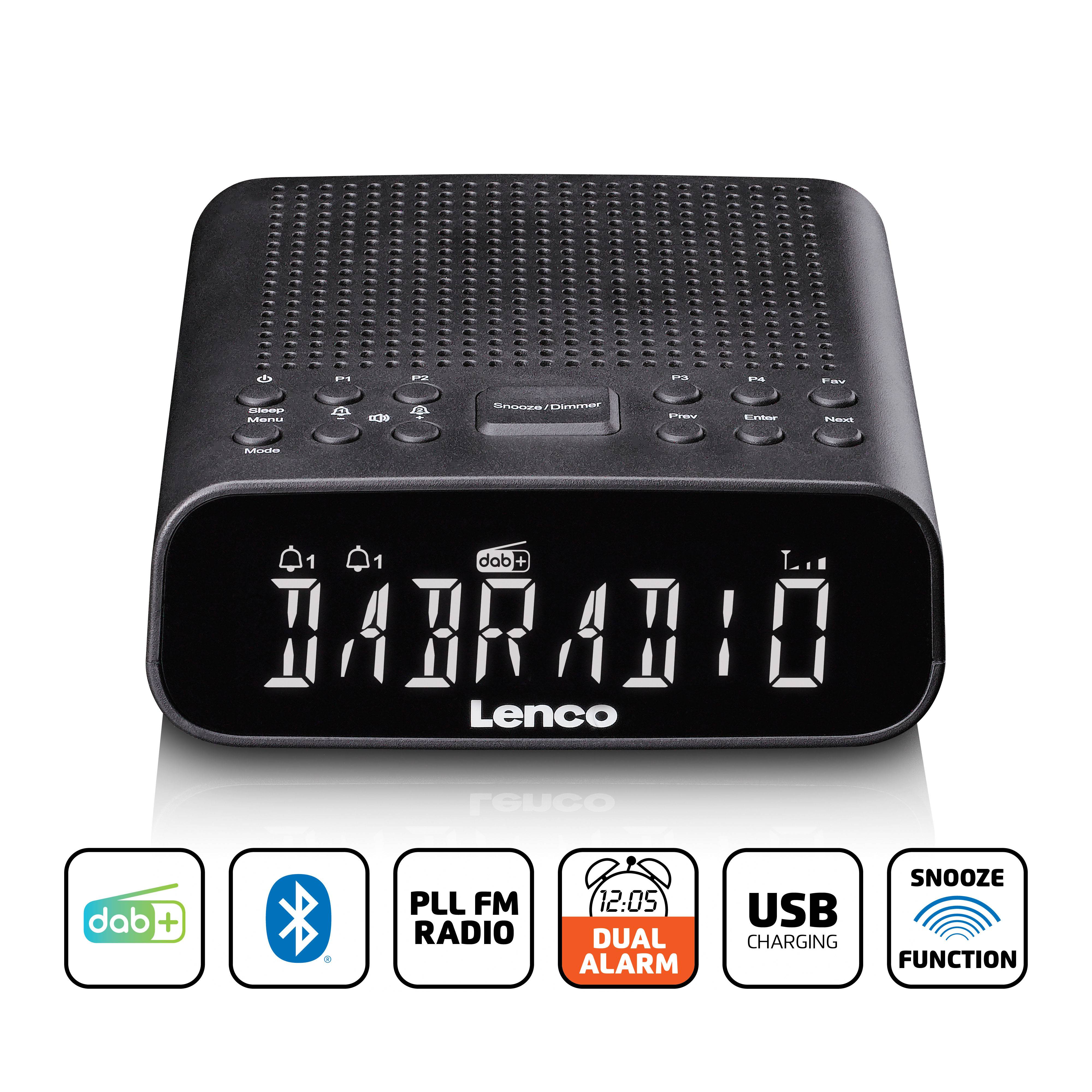 Digitální radiobudík zobrazující 'DAB RADIO' s tlačítky pro různé funkce; funkce zahrnují DAB+, PLL FM rádio, duální alarm, nabíjení přes USB a funkci odloženého buzení.