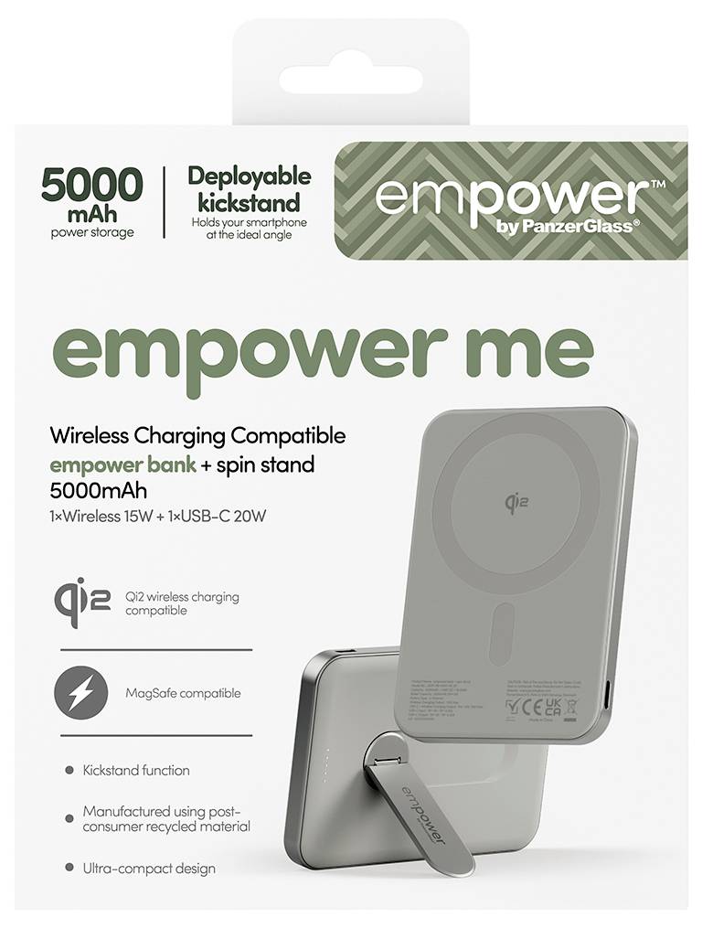 Balení powerbanky 'empower me' pro bezdrátové nabíjení, 5000mAh, s výsuvným stojánkem. Obsahuje 1x bezdrátové nabíjení 15W, 1x USB-C 20W. Kompatibilní s MagSafe.