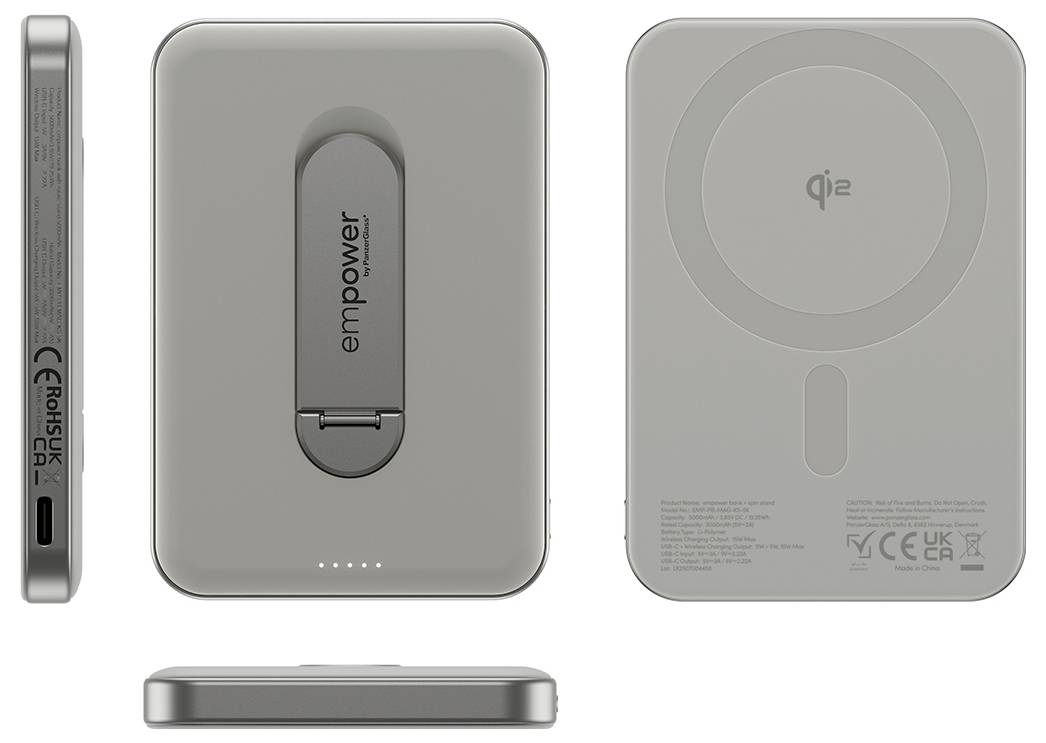 Přenosná powerbanka s integrovaným stojánkem označená 'empower'. Vhodná pro bezdrátové nabíjení Qi, zobrazená z několika úhlů.