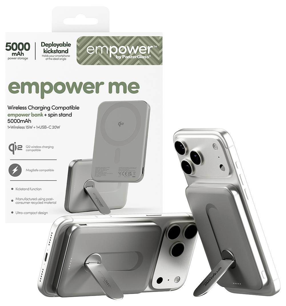 Powerbanka 'Empower' s bezdrátovým nabíjením o kapacitě 5000 mAh, vybavená výsuvným stojánkem. Kompatibilní s různými zařízeními.