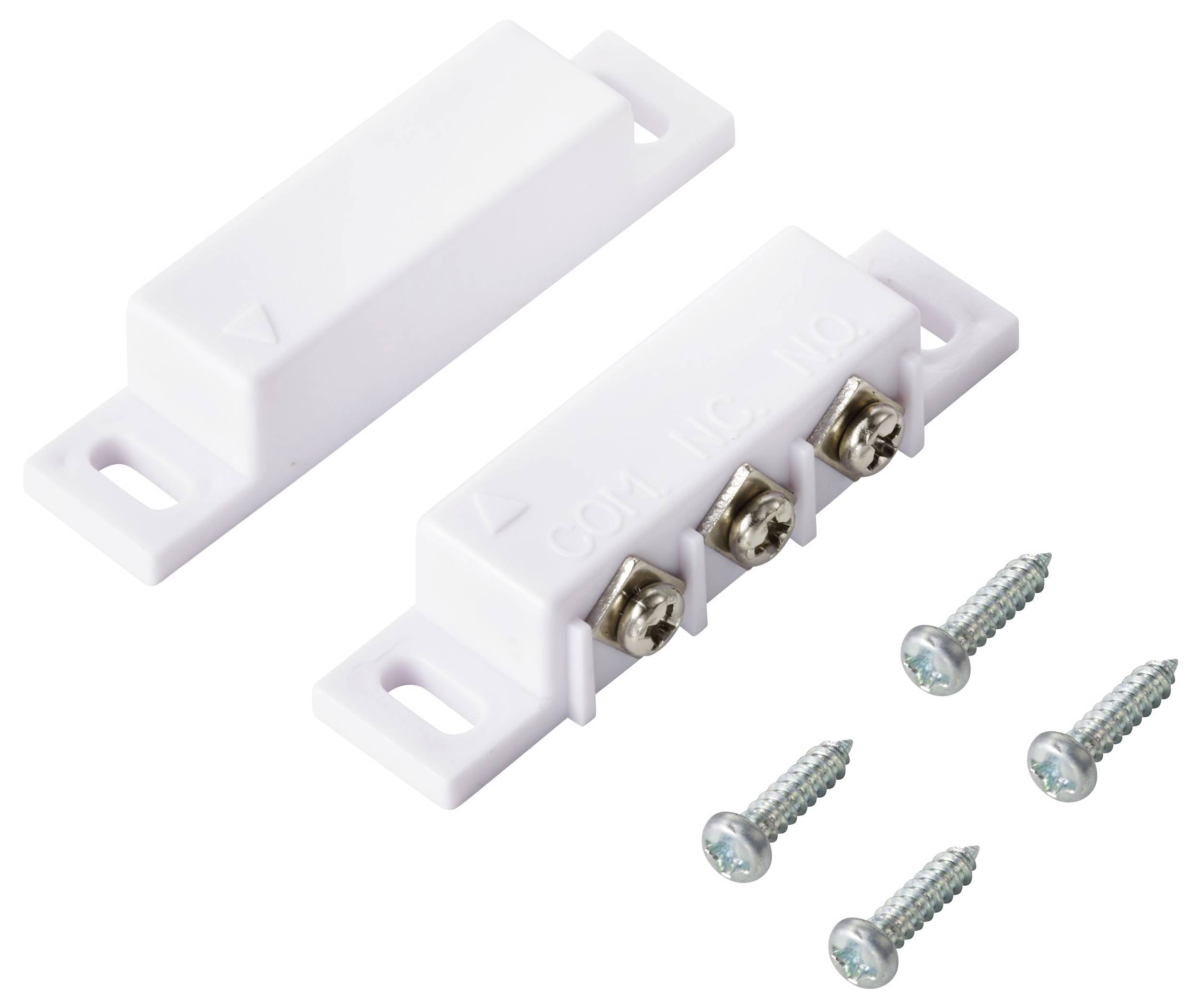 Bílý magnetický čidlo dveří s viditelnými svorkami pro vedení, včetně čtyř šroubů pro instalaci.