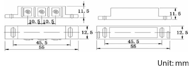 „Technický diagram konektoru s rozměry. Přední a boční pohledy zobrazují měření: šířka 55 mm, výška 12,5 mm, jednotka v mm."