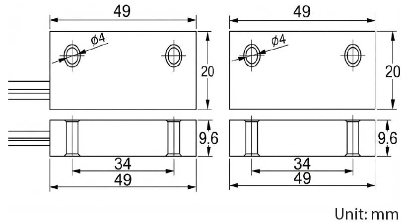 Technický diagram obdélníkové součásti s rozměry: délka 49 mm, šířka 20 mm, výška 9,6 mm. Dva montážní otvory, průměr 4 mm.