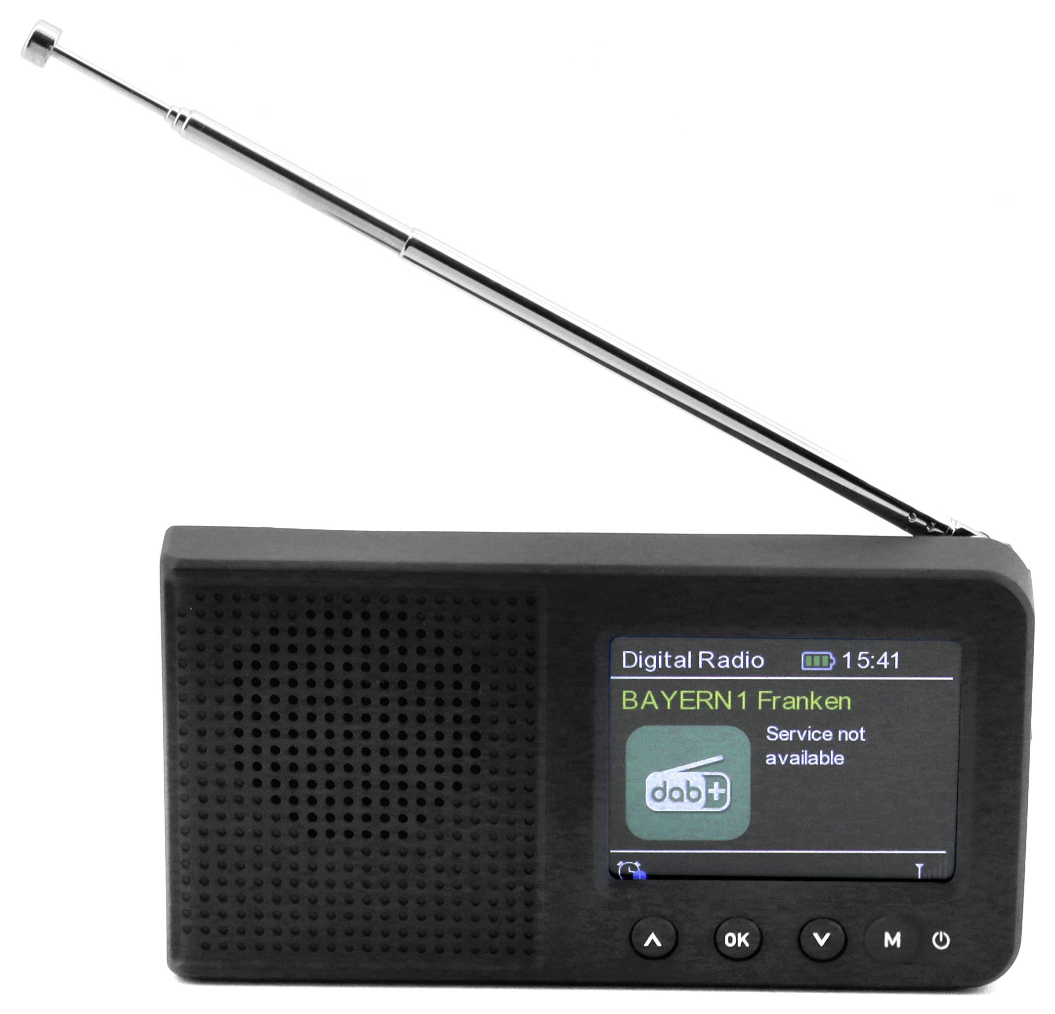 Černé digitální rádio s vysunutou anténou zobrazuje na displeji 'Digitální rádio', 'BAYERN1' a 'Služba není dostupná'.