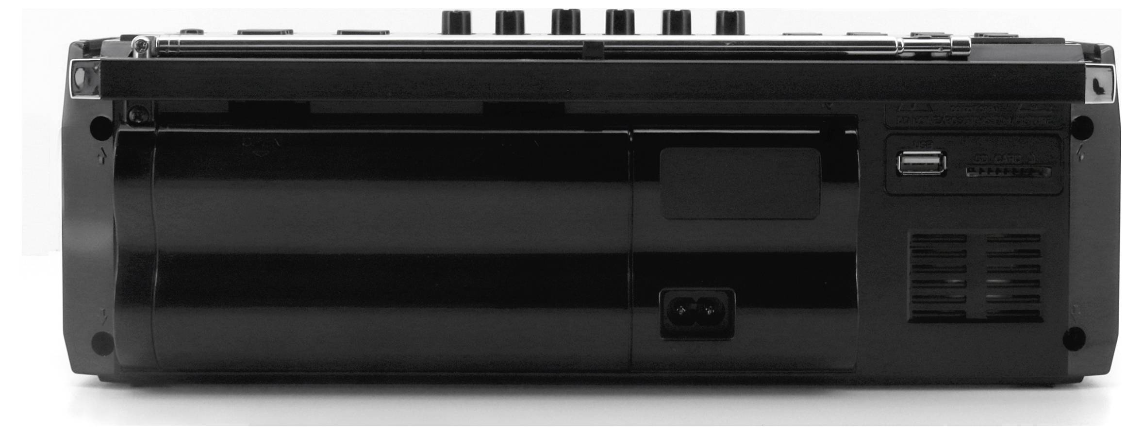 Obdélníkové elektronické zařízení s různými vstupními porty a ovládacími knoflíky, pohled zezadu.