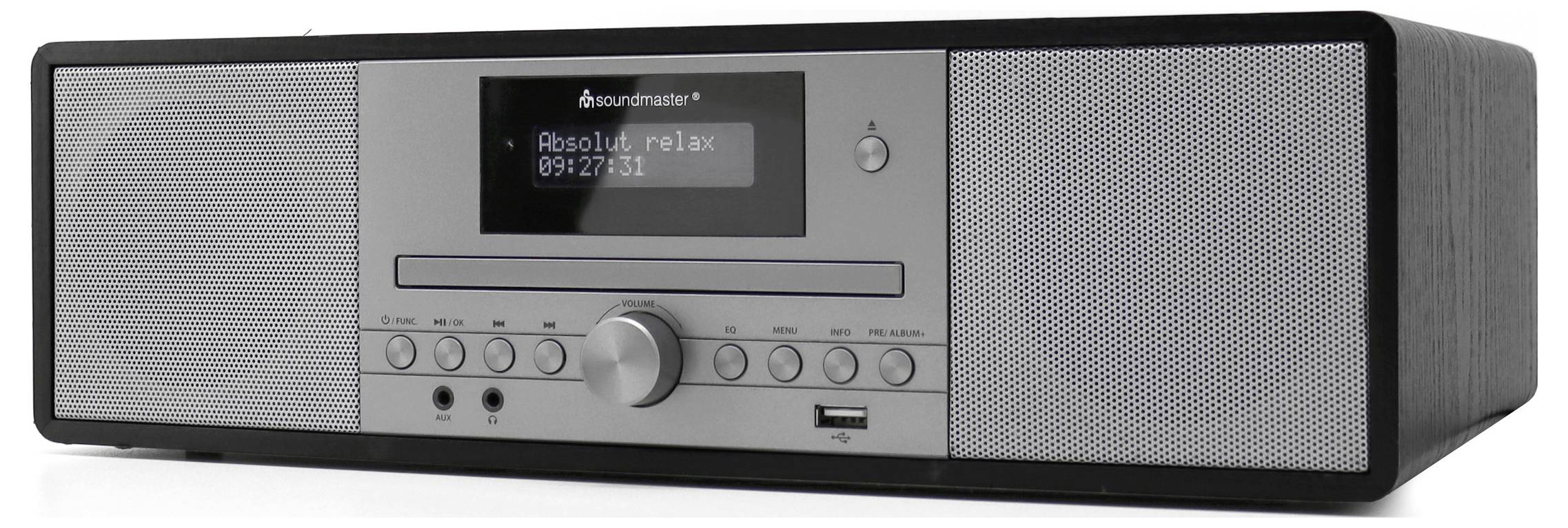 Digitální rádio s displejem zobrazujícím nápis 'Absolute relax' a čas 09:27:31. Obsahuje různé ovládací tlačítka a USB port.