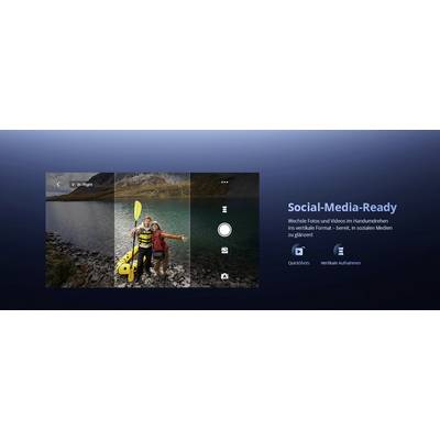 Rozhraní fotoaparátu smartphonu zobrazuje pár, který si pořizuje selfie u jezera s horami v pozadí. Text zobrazuje nápis „Připraveno pro sociální média" s možnostmi.