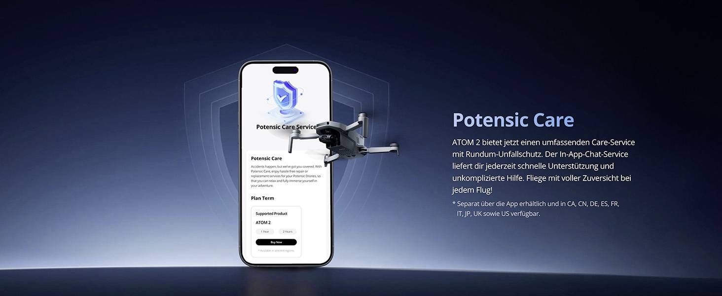 Smartphone s aplikací 'Potensic Care' leží vedle dronu. Německý text vpravo vysvětluje podrobnosti služby pro Potensic ATOM 2.